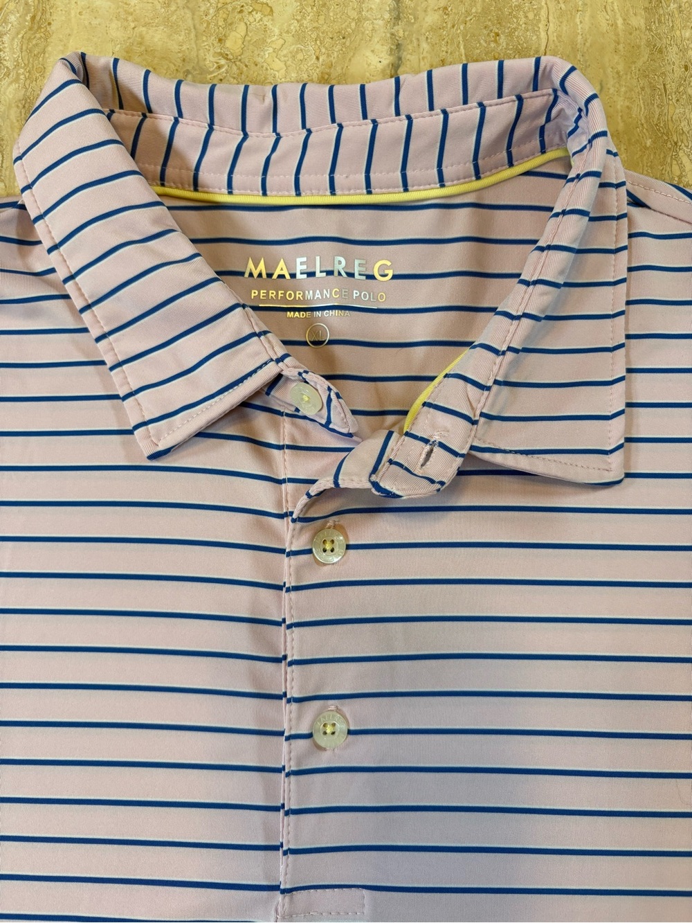MAELREG XL Mens Performance Golf Polo Shirt Light Pink Navy Blue Striped